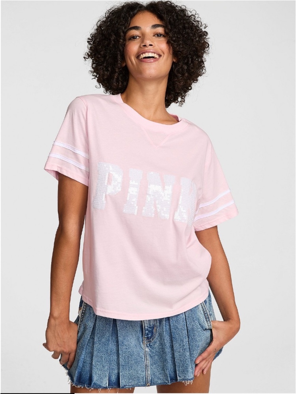 🎀VS Pink bling campus cotton boxy tee sz M NWT